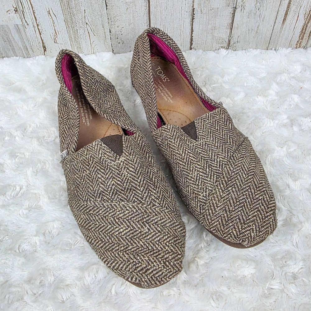 Toms Brown Metallic Herringbone Flats Size 8.5